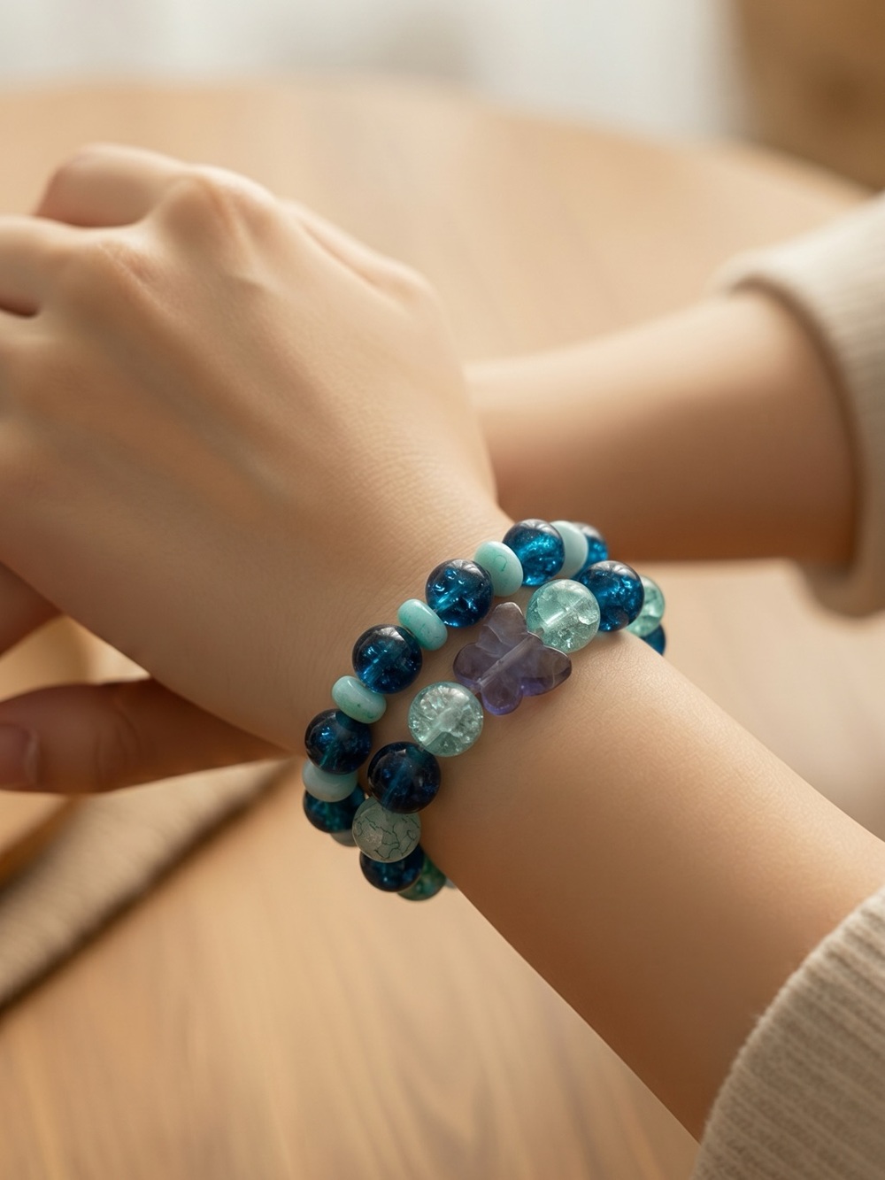 Hand Crafted Blue, Aqua & Purple Glass Bead Bracelet Set